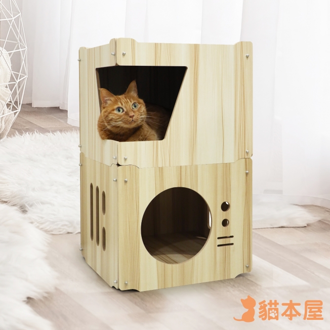 貓本屋 雙層木紋疊疊樂貓窩(L大號)-加大梯型/電視機