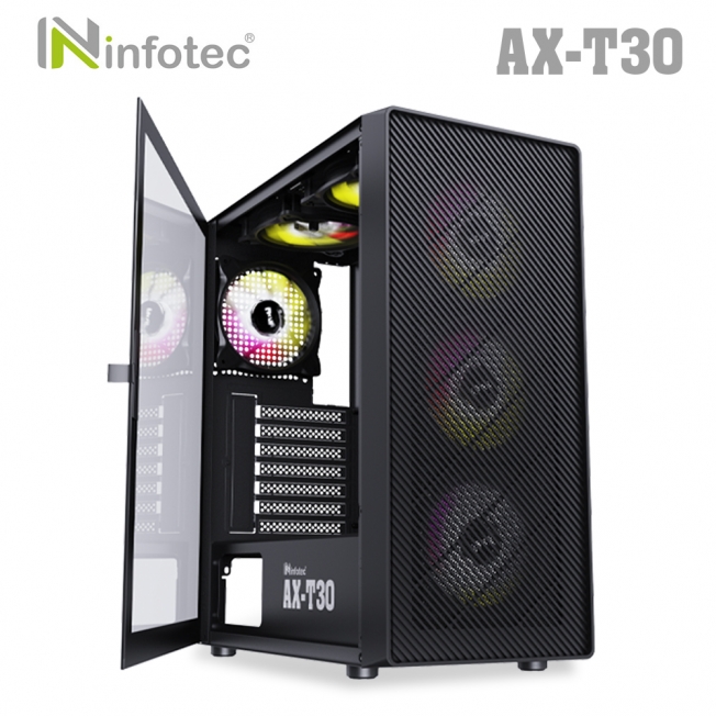 infotec【AX-T30 USB3.0】全彩定光風扇 E-ATX 遊戲機殼(合頁式鋼化玻璃側板+燈光關開鍵)
